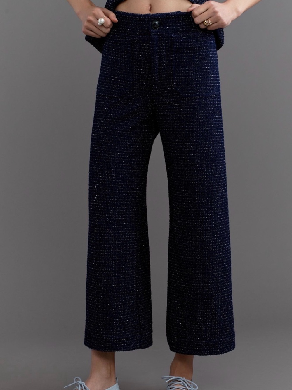 Anthropologie Colette Tweed Cropped Wide-Leg Navy Tweed Pants by Maeve